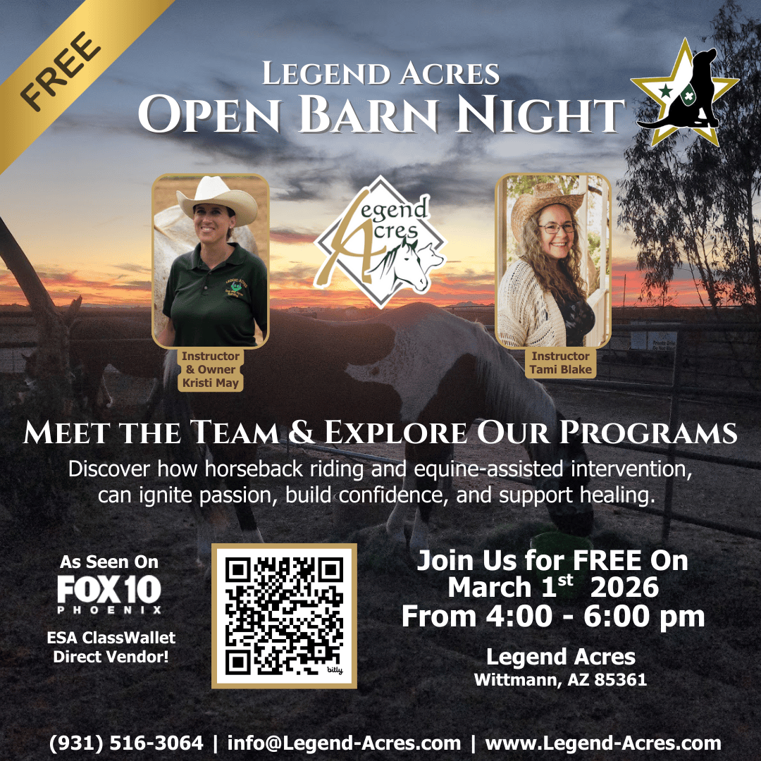 Join us Aug 3 in Wittmann, AZ for free horse demos, giveaways & ESA education. For veterans, teachers, & families. As seen on FOX 10 Phoenix.